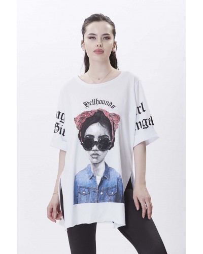 Baskılı Yanları Yırtmaçlı Tshirt 